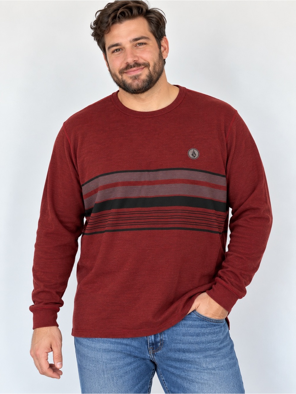 Volcom Men's Burgundy Crewneck Sweater with Black & Gray Stripes
